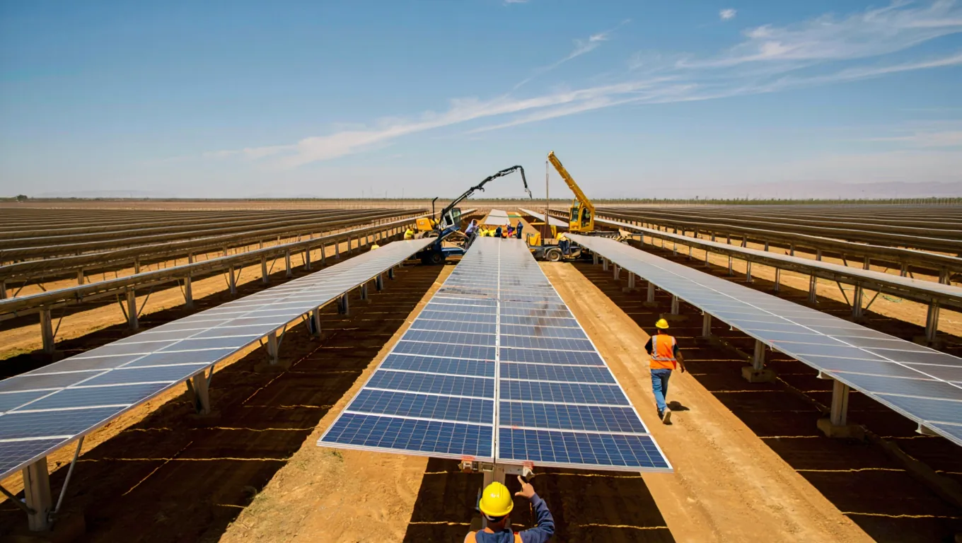 Parque solar en construcción, con operarios instalando paneles.